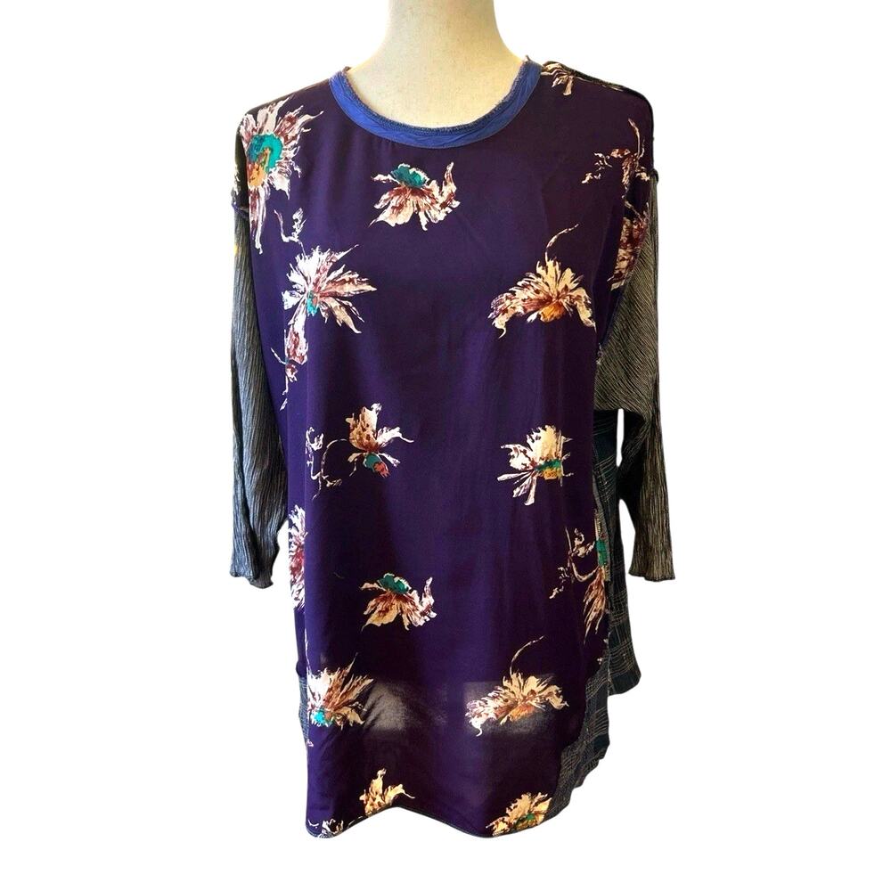 Nothing Matches Mixed Media Tunic Top Purple Floral Size M Pull On Art To Wear